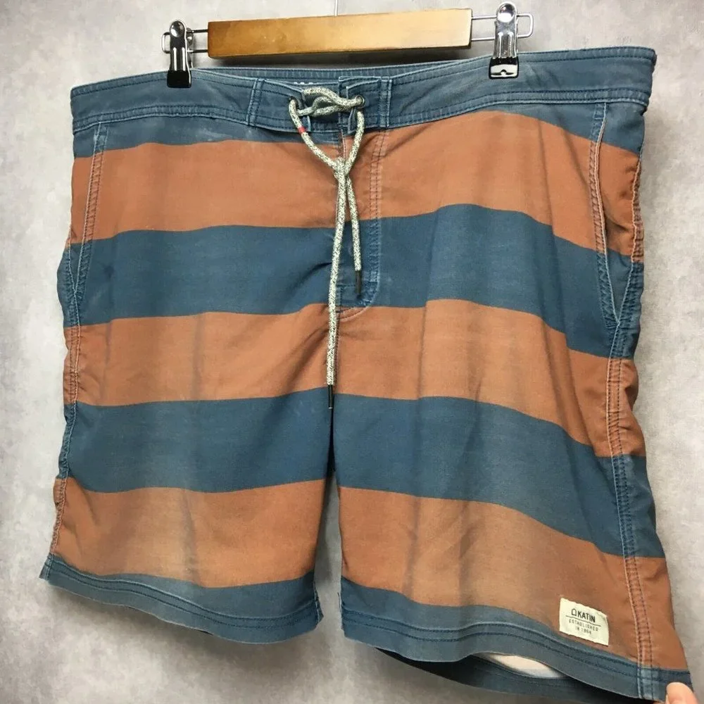 Katin Mens Swim Trunks Shorts - 40 Red Blue Striped Poly Stretch Blend Lace Up‎
